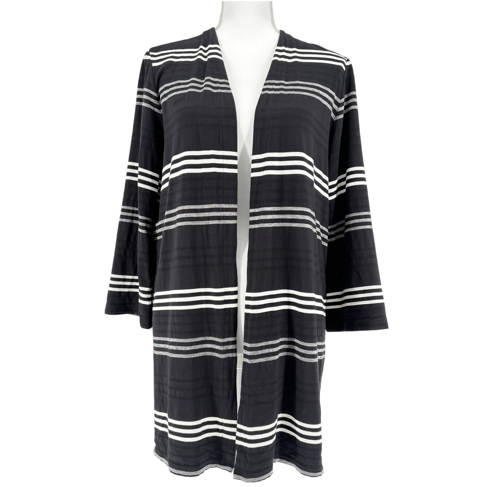 J.Jill Wearever Collection Black White Stripe Open Front Cardigan Sweater M
